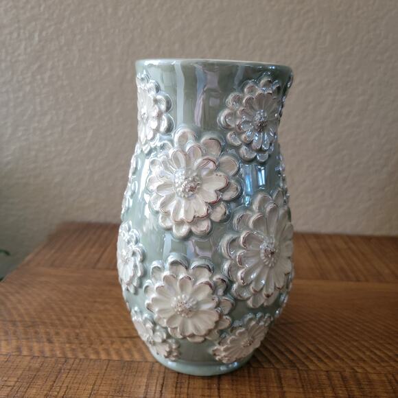 Vintage Ceramic Vase Aqua Glaze with White Raised Floral Design 8.25 Inch Tall - Picture 3 of 10